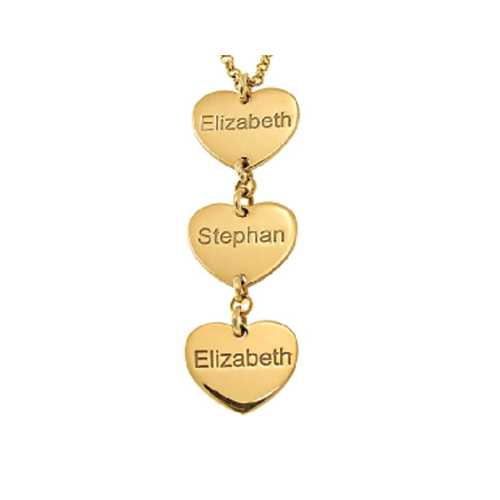 Custom engraving jewelry 18k gold plated three heart name necklace